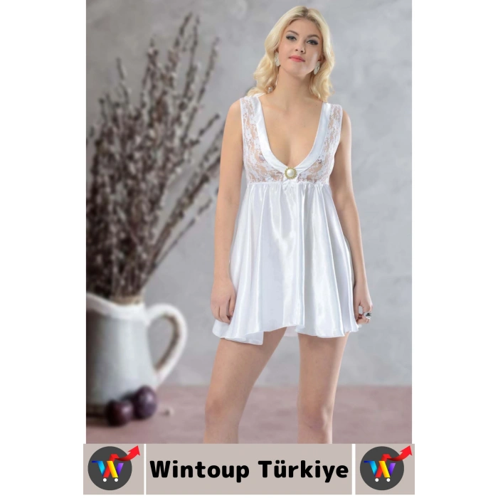 Yeni Sezon Zarif Rahat Kumaş Büyüleyici Özel Gün Gece Gündelik Dantelli Saten Kadın Beyaz Gecelik