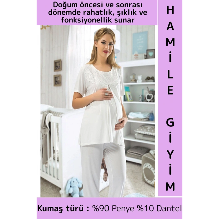 Günlük Kullanım Zarif Rahat Doğum Öncesi Sonrası Çok Şık Ekru Penye Hamile Lohusa Kısa Pijama Takımı