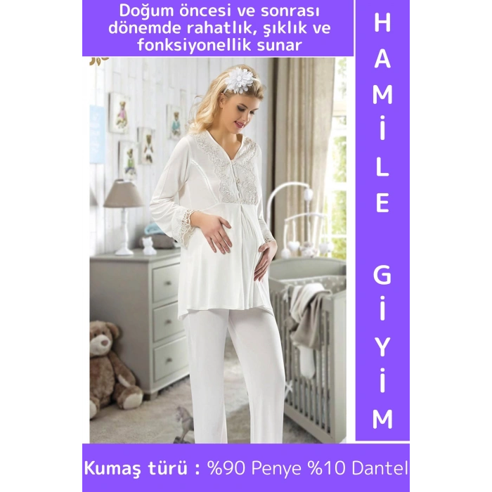 Günlük Kullanım Zarif Rahat Doğum Öncesi Sonrası Çok Şık Ekru Penye Hamile Lohusa Uzun Pijama Takımı