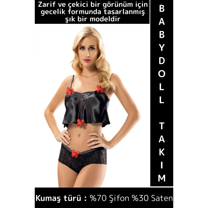 Yeni Kreasyon Özel Gün Gece Zarif Çekici Sexy Fantezi Gecelik Giyim Saten Babydoll Atlet Şort Takım