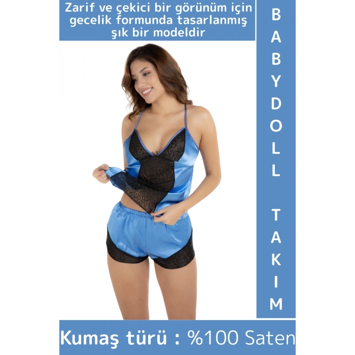 Yeni Model Sevgili Gece Zarif Çekici Sexy Fantezi Gecelik Giyim Saten Şık Babydoll Atlet Şort Takımı