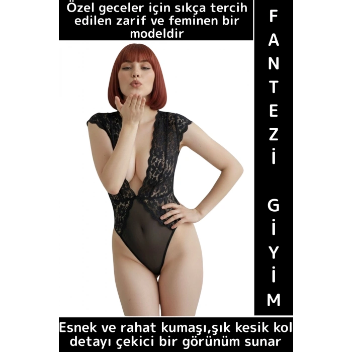 Yeni Kreasyon Sevgililer Günü Yılbaşı Özel Gece Fantezi Sexy Çok Şık Kesik Kol Kadın Dantel Bodysuit