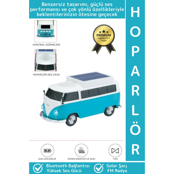 Premium Yüksek Ses Kamp Speaker FM Solar Şarjlı Çok Şık Retro Vosvos Tasarımlı Bluetooth Hoparlör