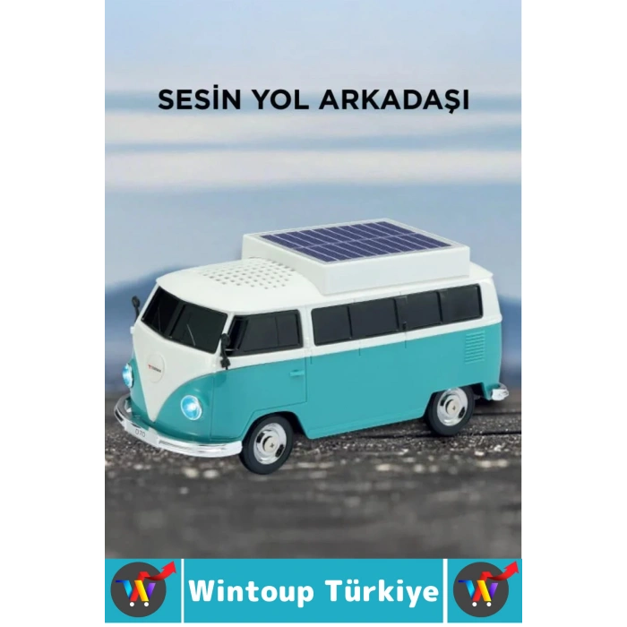 Premium Yüksek Ses Kamp Speaker FM Solar Şarjlı Çok Şık Retro Vosvos Tasarımlı Bluetooth Hoparlör