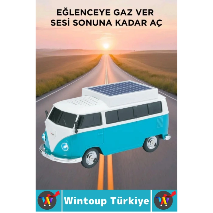 Premium Yüksek Ses Kamp Speaker FM Solar Şarjlı Çok Şık Retro Vosvos Tasarımlı Bluetooth Hoparlör