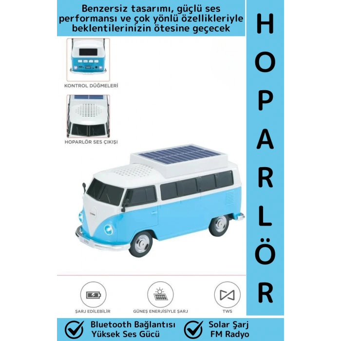 Premium Yüksek Ses Kamp Speaker FM Solar Şarjlı Çok Şık Retro Vosvos Tasarımlı Bluetooth Hoparlör
