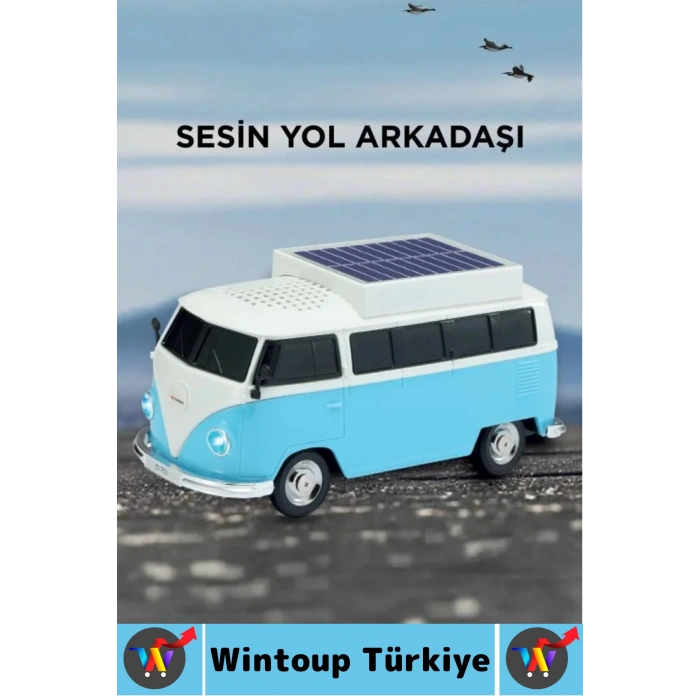 Premium Yüksek Ses Kamp Speaker FM Solar Şarjlı Çok Şık Retro Vosvos Tasarımlı Bluetooth Hoparlör