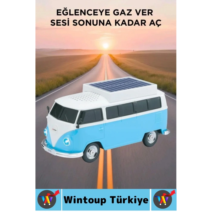 Premium Yüksek Ses Kamp Speaker FM Solar Şarjlı Çok Şık Retro Vosvos Tasarımlı Bluetooth Hoparlör