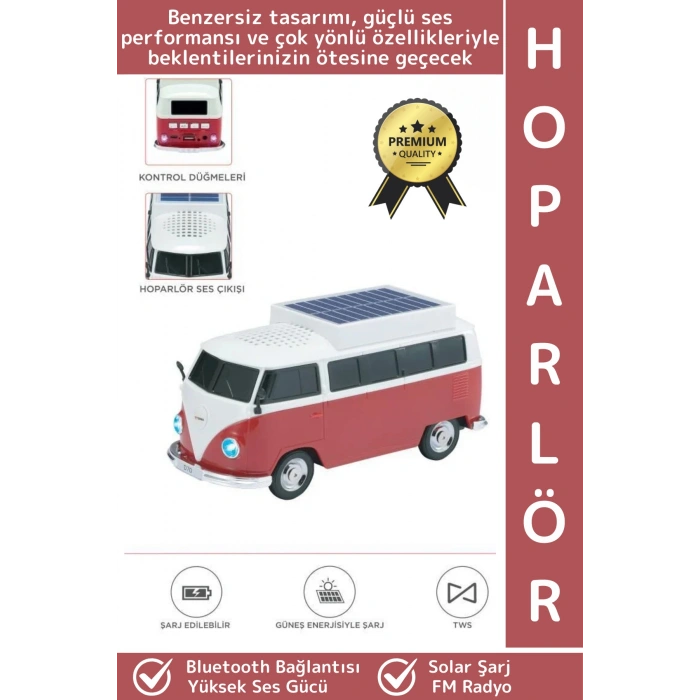 Premium Yüksek Ses Kamp Speaker FM Solar Şarjlı Çok Şık Retro Vosvos Tasarımlı Bluetooth Hoparlör