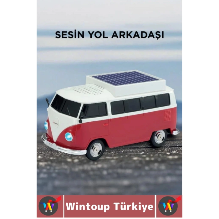 Premium Yüksek Ses Kamp Speaker FM Solar Şarjlı Çok Şık Retro Vosvos Tasarımlı Bluetooth Hoparlör