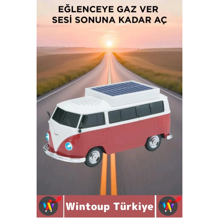 Premium Yüksek Ses Kamp Speaker FM Solar Şarjlı Çok Şık Retro Vosvos Tasarımlı Bluetooth Hoparlör