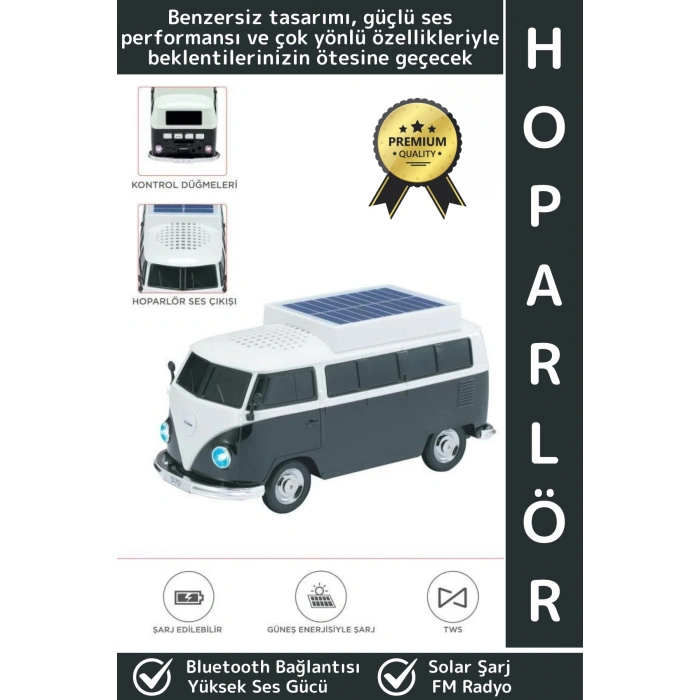 Premium Yüksek Ses Kamp Speaker FM Solar Şarjlı Çok Şık Retro Vosvos Tasarımlı Bluetooth Hoparlör