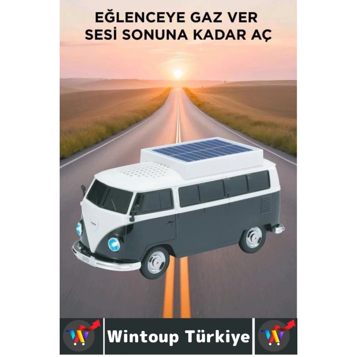 Premium Yüksek Ses Kamp Speaker FM Solar Şarjlı Çok Şık Retro Vosvos Tasarımlı Bluetooth Hoparlör