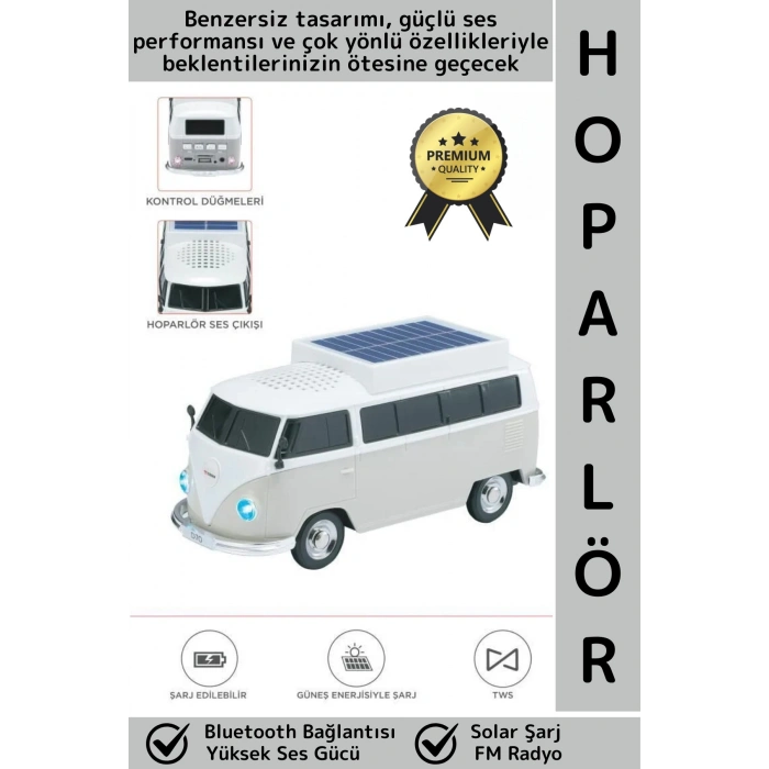 Premium Yüksek Ses Kamp Speaker FM Solar Şarjlı Çok Şık Retro Vosvos Tasarımlı Bluetooth Hoparlör