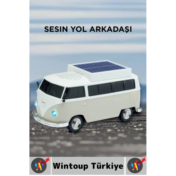 Premium Yüksek Ses Kamp Speaker FM Solar Şarjlı Çok Şık Retro Vosvos Tasarımlı Bluetooth Hoparlör