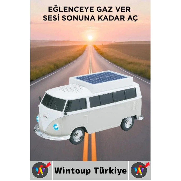 Premium Yüksek Ses Kamp Speaker FM Solar Şarjlı Çok Şık Retro Vosvos Tasarımlı Bluetooth Hoparlör