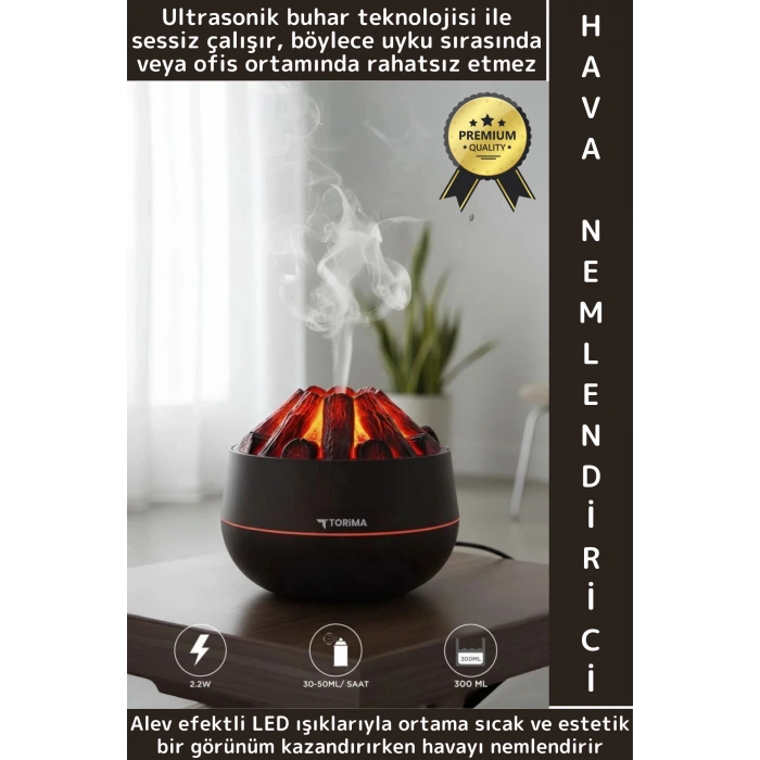 Premium Ultrasonik Sessiz Çalışma Meditasyon Yoga Şık Odun Ateşi Efekti Oda Hava Nemlendirici 300 ML