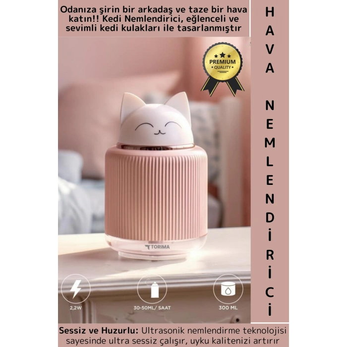 Premium Ultrasonik Sessiz Buhar Makine Sevimli Kedi Ev Ofis Çocuk Bebek Oda Hava Nemlendirici 300 ML