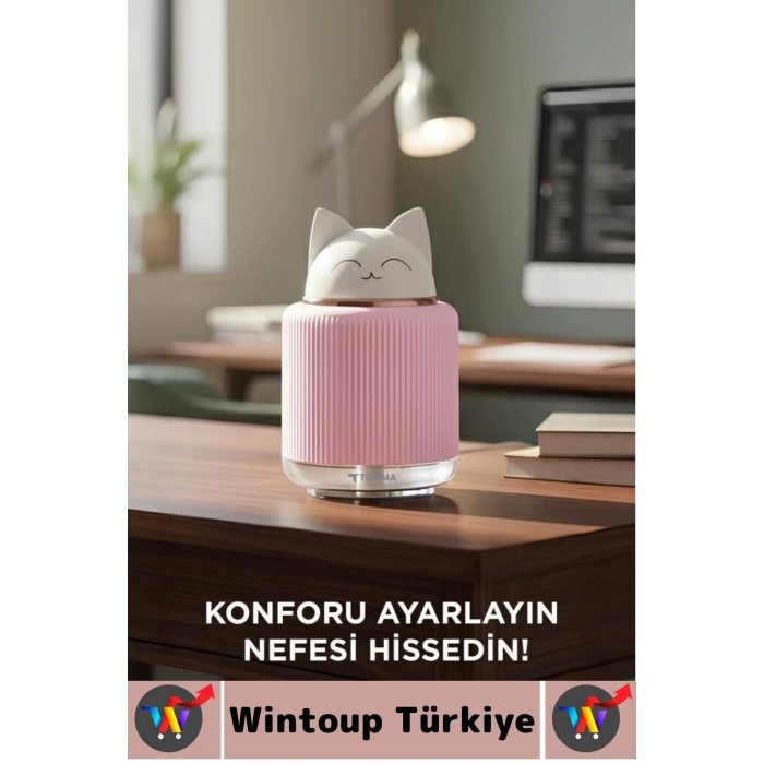 Premium Ultrasonik Sessiz Buhar Makine Sevimli Kedi Ev Ofis Çocuk Bebek Oda Hava Nemlendirici 300 ML