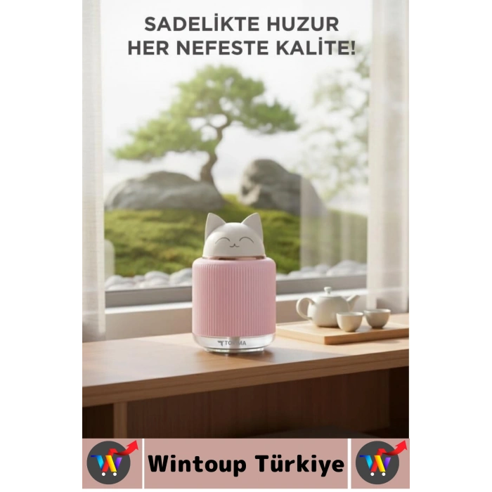 Premium Ultrasonik Sessiz Buhar Makine Sevimli Kedi Ev Ofis Çocuk Bebek Oda Hava Nemlendirici 300 ML