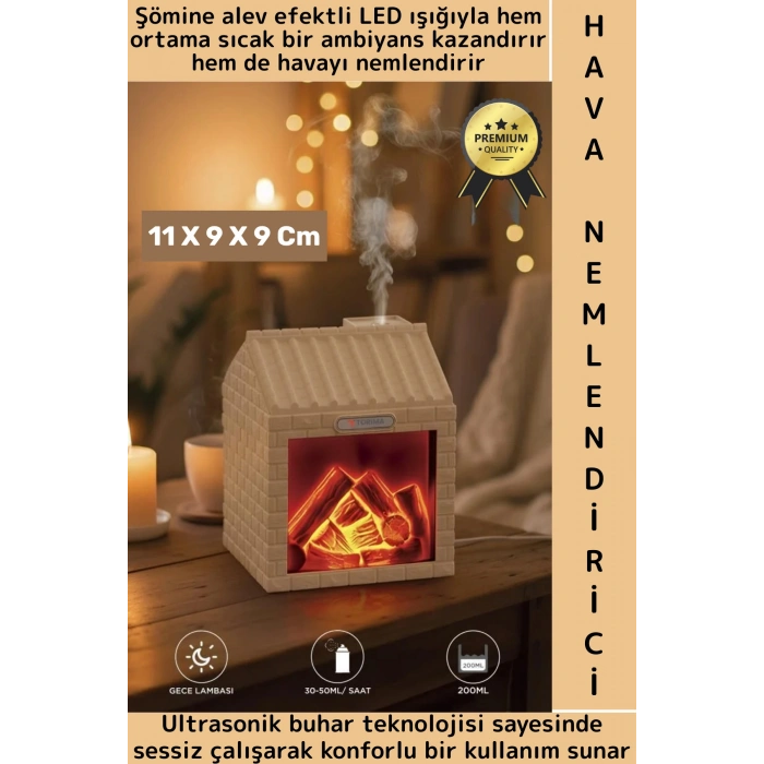 Premium Sessiz Ultrasonik LED Şömine Efektli Ahşap Görünüm Gece Lambası Oda Hava Nemlendirici 200 ML