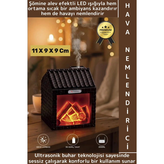 Premium Sessiz Ultrasonik LED Şömine Efektli Ahşap Görünüm Gece Lambası Oda Hava Nemlendirici 200 ML
