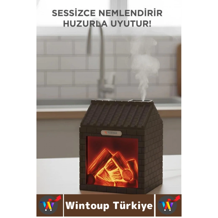 Premium Sessiz Ultrasonik LED Şömine Efektli Ahşap Görünüm Gece Lambası Oda Hava Nemlendirici 200 ML