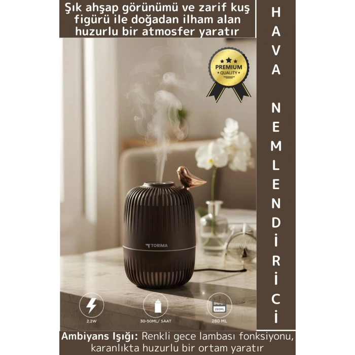 Premium Buhar Makinesi Şık Kuş Detaylı Ahşap Görünümlü Renkli LED Işık Oda Hava Nemlendirici 280 ML