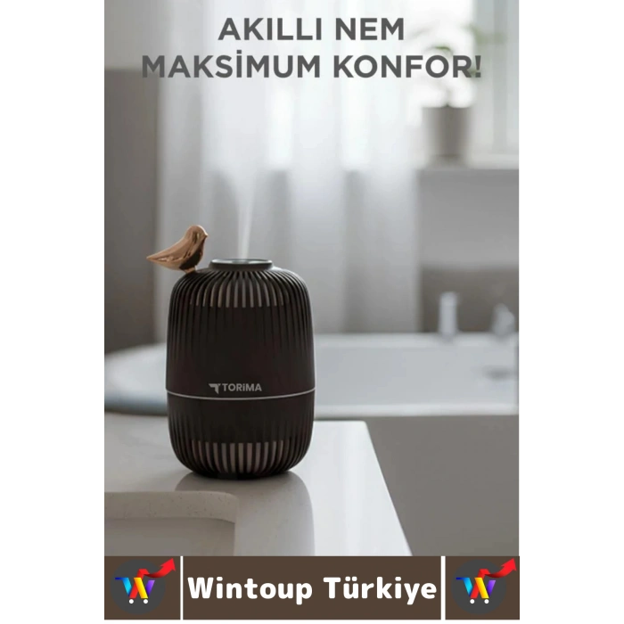 Premium Buhar Makinesi Şık Kuş Detaylı Ahşap Görünümlü Renkli LED Işık Oda Hava Nemlendirici 280 ML