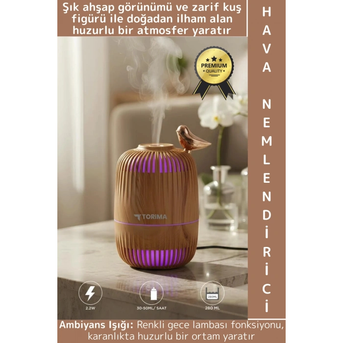 Premium Buhar Makinesi Şık Kuş Detaylı Ahşap Görünümlü Renkli LED Işık Oda Hava Nemlendirici 280 ML