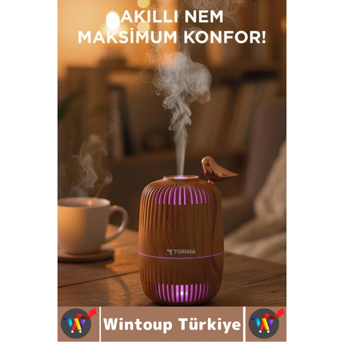 Premium Buhar Makinesi Şık Kuş Detaylı Ahşap Görünümlü Renkli LED Işık Oda Hava Nemlendirici 280 ML