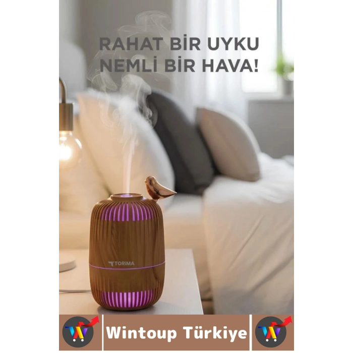 Premium Buhar Makinesi Şık Kuş Detaylı Ahşap Görünümlü Renkli LED Işık Oda Hava Nemlendirici 280 ML