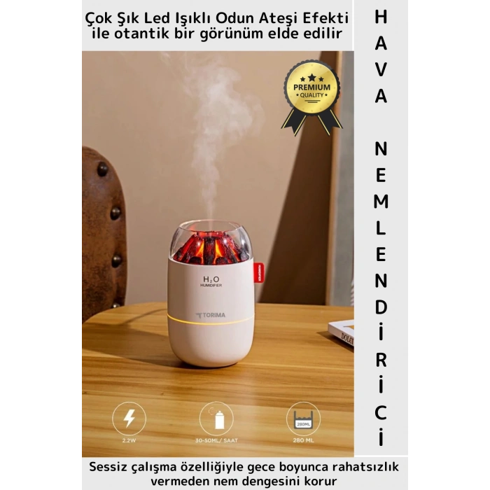 Premium Sessiz Buhar Makinesi Meditasyon Led Işıklı Odun Ateşi Efektli Oda Hava Nemlendirici 280 ML