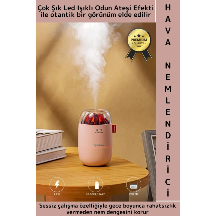 Premium Sessiz Buhar Makinesi Meditasyon Led Işıklı Odun Ateşi Efektli Oda Hava Nemlendirici 280 ML