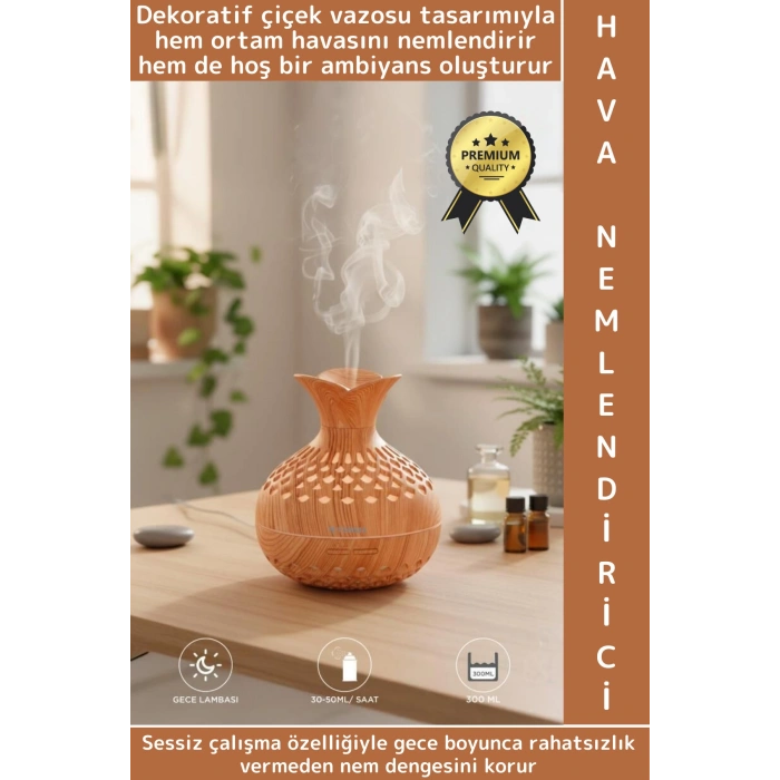 Premium Ultrasonik Sessiz Led Işık Çiçek Vazosu Tasarım Ahşap Görünüm Oda Hava Nemlendiricisi 300 ML