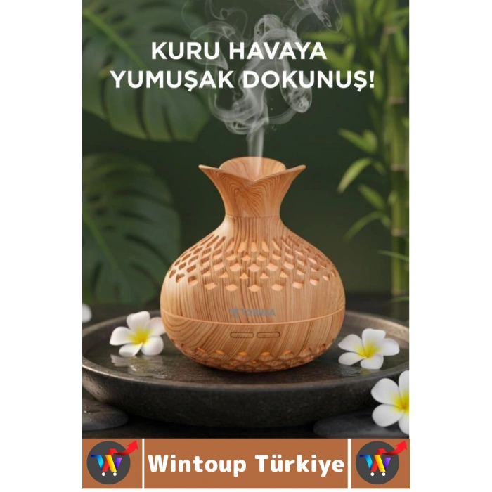 Premium Ultrasonik Sessiz Led Işık Çiçek Vazosu Tasarım Ahşap Görünüm Oda Hava Nemlendiricisi 300 ML