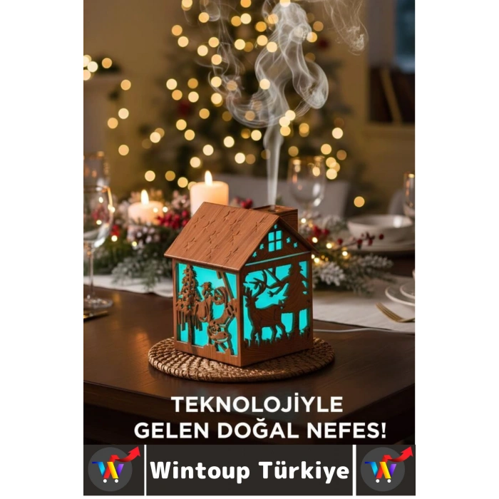 Premium Led Işık Buhar Makinesi Yılbaşı Temalı Ahşap Görünüm Mini Ev Oda Hava Nemlendiricisi 240 ML