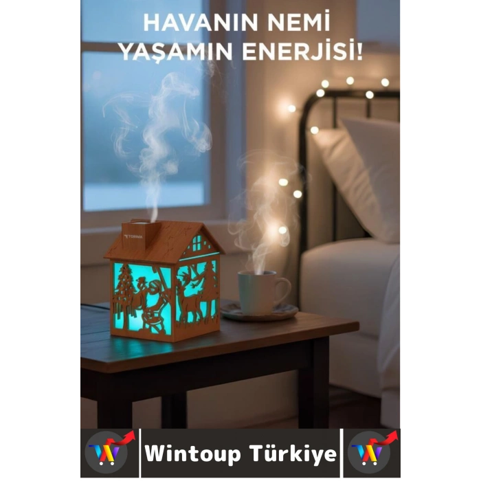 Premium Led Işık Buhar Makinesi Yılbaşı Temalı Ahşap Görünüm Mini Ev Oda Hava Nemlendiricisi 240 ML