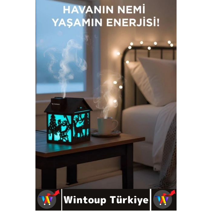 Premium Led Işık Buhar Makinesi Yılbaşı Temalı Ahşap Görünüm Mini Ev Oda Hava Nemlendiricisi 240 ML