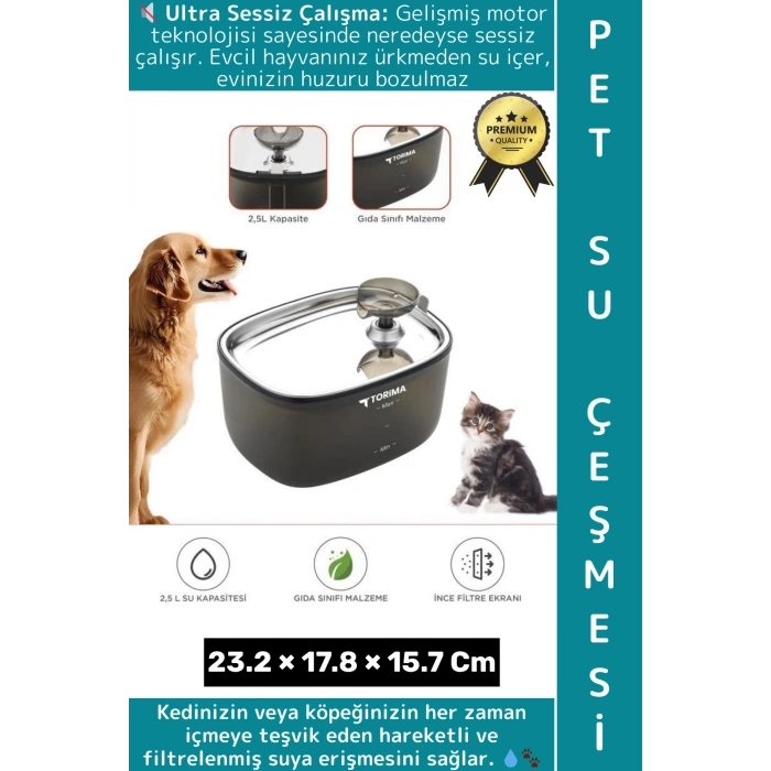 Premium Evcil Hayvan Kedi Köpek Ultra Sessiz Temiz Su Pınarı Otomatik Filtreli Su Çeşmesi 2.5 Litre
