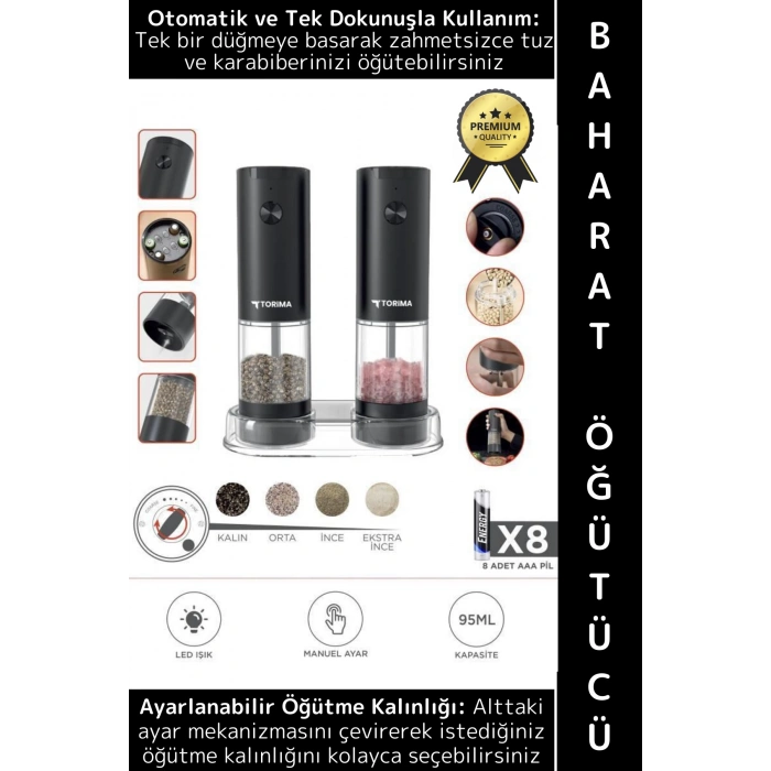 Premium Elektrikli Otomatik Öğütme Ayarlı Tuz Karabiber Değirmeni Işıklı Pilli Şık Baharat Öğütücü