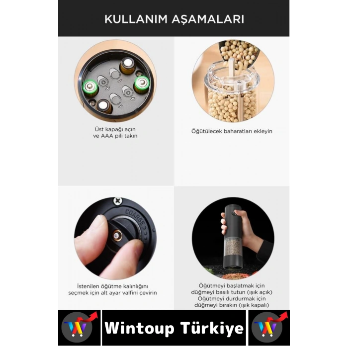 Premium Elektrikli Otomatik Öğütme Ayarlı Tuz Karabiber Değirmeni Işıklı Pilli Şık Baharat Öğütücü