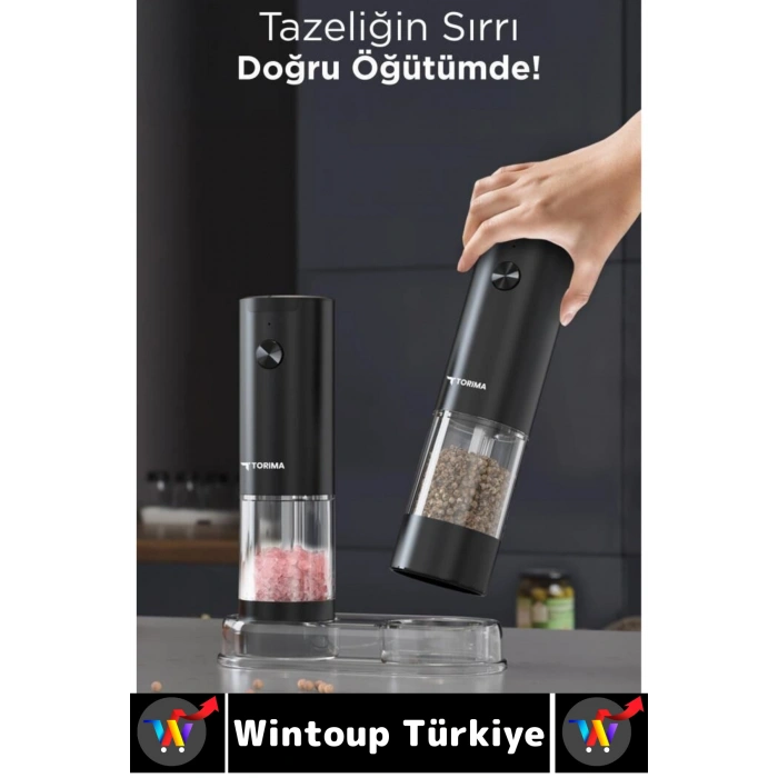 Premium Elektrikli Otomatik Öğütme Ayarlı Tuz Karabiber Değirmeni Işıklı Pilli Şık Baharat Öğütücü