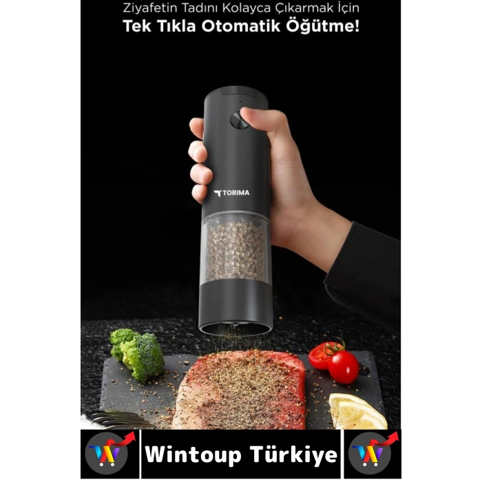Premium Elektrikli Otomatik Öğütme Ayarlı Tuz Karabiber Değirmeni Işıklı Pilli Şık Baharat Öğütücü