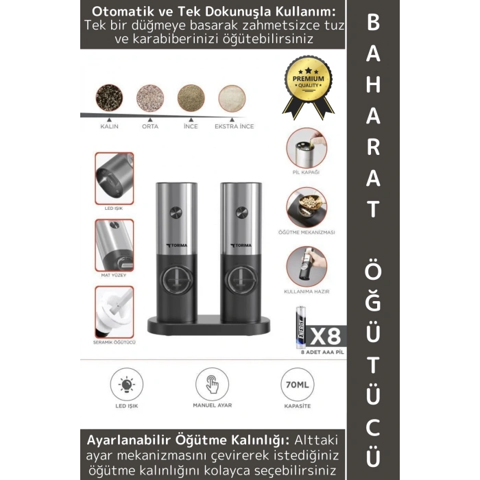 Premium Elektrikli Otomatik Ayarlanabilir Tuz Karabiber Değirmeni Işıklı Şık Pilli Baharat Öğütücü