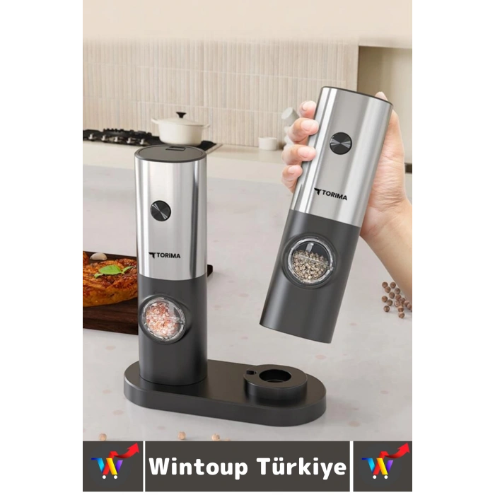 Premium Elektrikli Otomatik Ayarlanabilir Tuz Karabiber Değirmeni Işıklı Şık Pilli Baharat Öğütücü