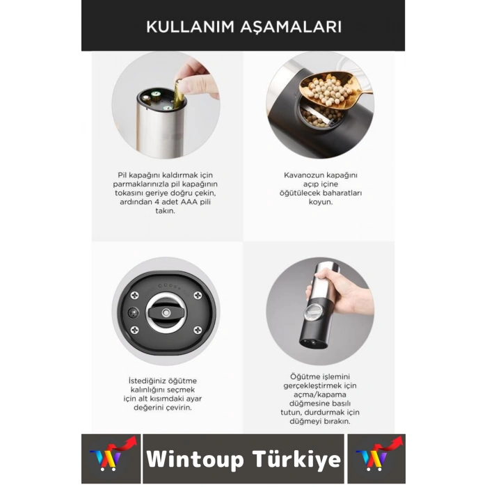 Premium Elektrikli Otomatik Ayarlanabilir Tuz Karabiber Değirmeni Işıklı Şık Pilli Baharat Öğütücü