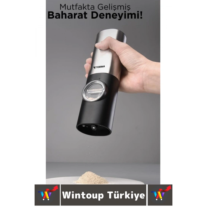 Premium Elektrikli Otomatik Ayarlanabilir Tuz Karabiber Değirmeni Işıklı Şık Pilli Baharat Öğütücü