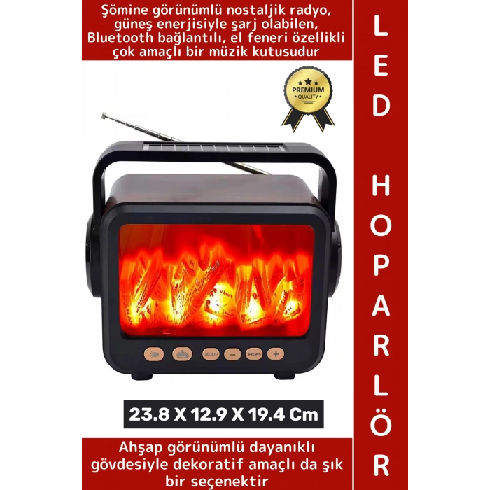 Premium Retro Dekoratif Ahşap Görünüm LED Nostaljik Şömine Tasarımlı Solar Şarjlı Bluetooth Hoparlör