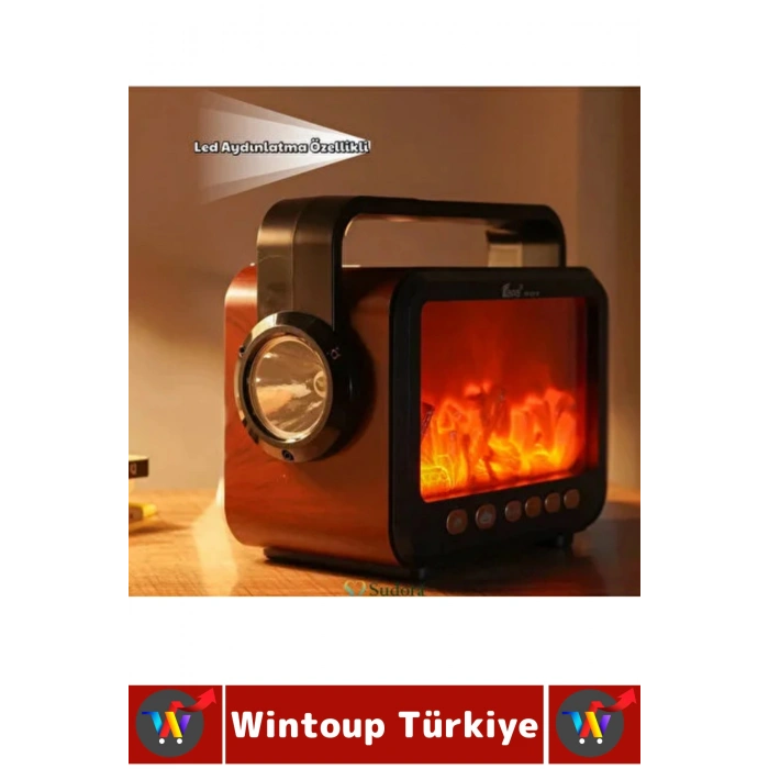 Premium Retro Dekoratif Ahşap Görünüm LED Nostaljik Şömine Tasarımlı Solar Şarjlı Bluetooth Hoparlör